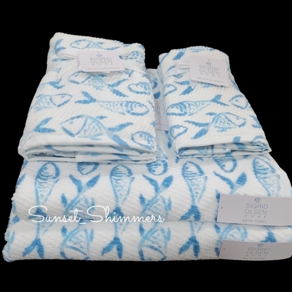 6pc Sigrid Olsen Coastal Nautical Skool Blue Fish Bath Hand Tip Towel Set Cotton - Picture 8 of 8